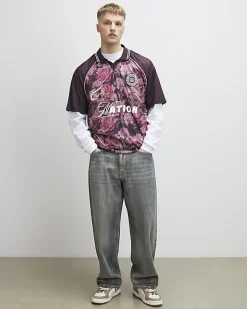 Red Oversized Fit Floral Mesh Rugby Shirt