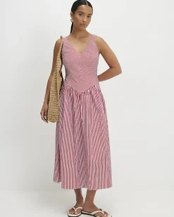 Red Petite V Neck Stripe Midi Dress