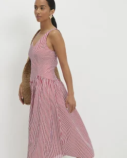 Red Petite V Neck Stripe Midi Dress