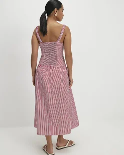 Red Petite V Neck Stripe Midi Dress