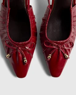 Red Ruched Bow Slingback Court Heels