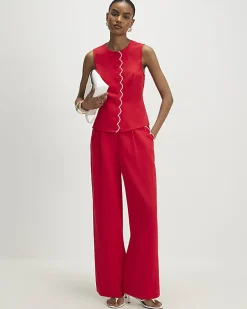 Red Scallop Trim Wide Leg Trousers