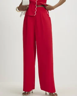 Red Scallop Trim Wide Leg Trousers