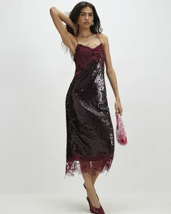 Red Sequin Lace Cami Midi Dress