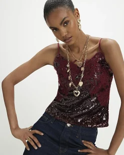 Red Sequin Lace Cami Top