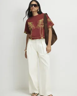 Red Shell Embroidered Crop T-shirt