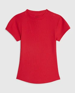 Red Short Sleeve Fitted Ribbed Top