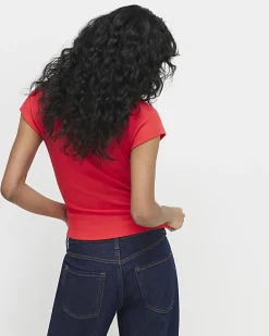 Red Short Sleeve Fitted Ribbed Top