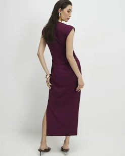 Red Sleeveless Ruched Midi Dress
