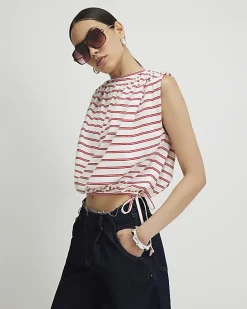 Red Sleeveless Striped Bubble Hem Top
