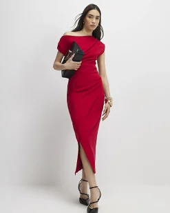Red Stretch Draped Midi Dress