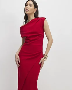 Red Stretch Draped Midi Dress