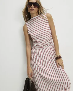 Red Striped Bubble Hem Midi Dress