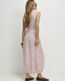 Red Striped Bubble Hem Midi Dress