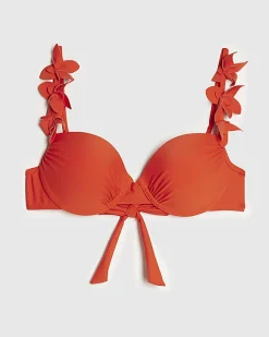 Red Structured Flower Trim Bikini Top