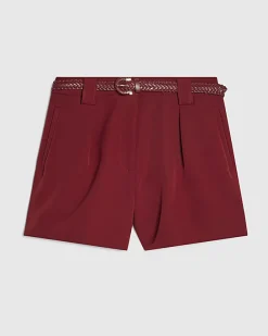Red Tailored Plaited Belt Shorts
