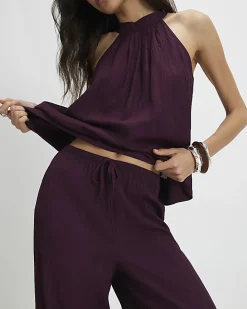 Red Textured Wide Leg Trousers