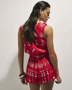 Red Tropical Print Embroidered Playsuit