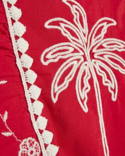 Red Tropical Print Embroidered Playsuit
