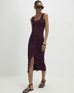 Red Wide Rib Button Front Midi Dress