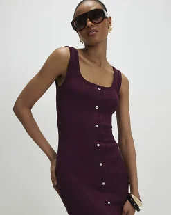 Red Wide Rib Button Front Midi Dress