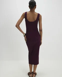 Red Wide Rib Button Front Midi Dress