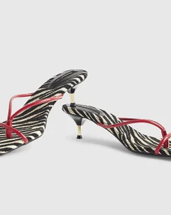 Red Zebra Skinny Strap Toe Thong Heels