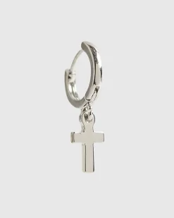 Silver Cross Drop Hoop Earrings