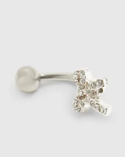 Silver diamante bow belly bar