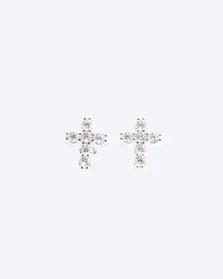 Silver Diamond Simulant Cross Stud Earrings
