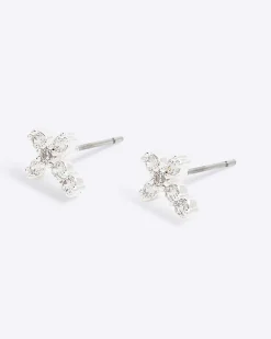 Silver Diamond Simulant Cross Stud Earrings