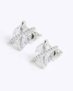 Silver Diamond Simulant Cross Stud Earrings