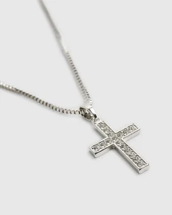 Silver Diamond Simulant Cross Necklace