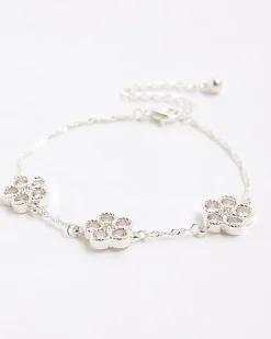 Silver Diamond Simulant Floral Bracelet