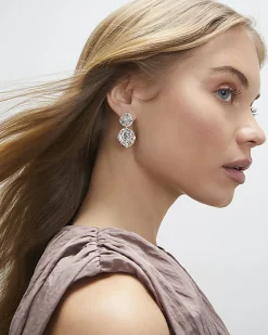 Silver Double Coin Drop Earrings