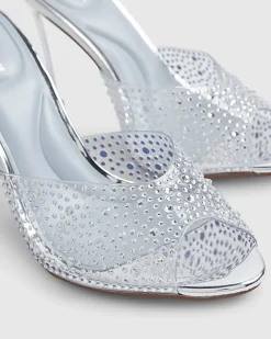Silver Embellished Heeled Mule Sandals