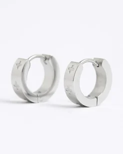 Silver Stainless Steel Cross Hoop Earrings