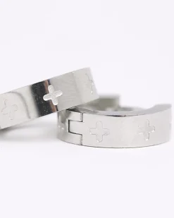 Silver Stainless Steel Cross Hoop Earrings