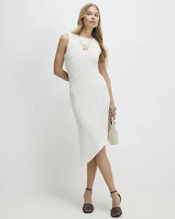 White Asymmetric Knit Midi Dress