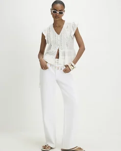 White Beaded Ruffle Smock Blouse