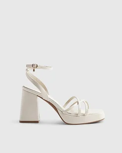 White Block Heel Cross Strap Sandals