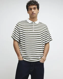 White Boxy Stripe Zip Neck Polo Shirt