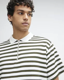 White Boxy Stripe Zip Neck Polo Shirt