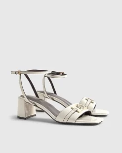 White Branded Block Heel Sandals