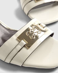White Branded Block Heel Sandals
