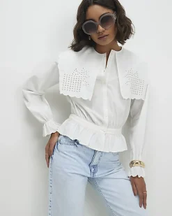 White Broderie Detail Cropped Shirt