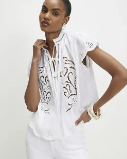White Cotton Broderie Tie Neck Blouse