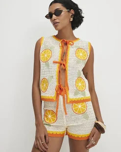 White Crochet Knit Orange Patch Shorts