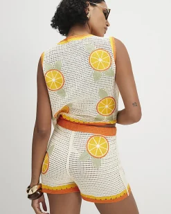 White Crochet Knit Orange Patch Shorts