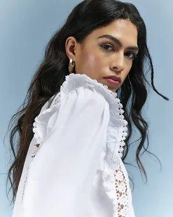 White Daisy Floral Embroidered Frill Blouse